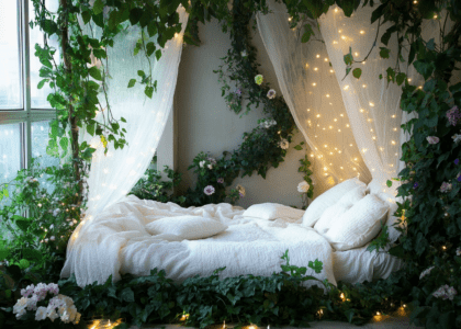 A dreamy fairy bed with white linen surrounded by green plants and twinkling lights, featuring a delicate gauze canopy, in a sunlit bedroom overlooking a vibrant garden with colorful flowers.