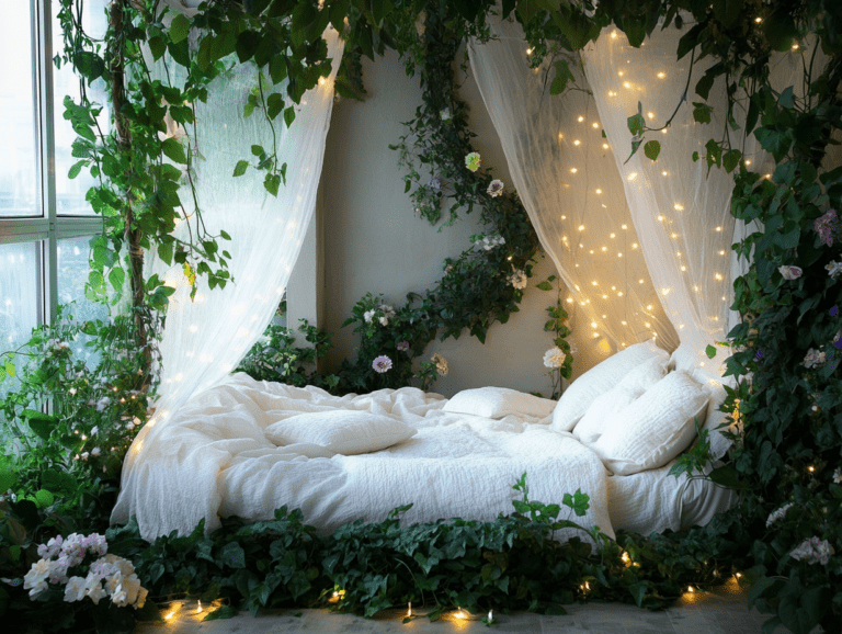 A dreamy fairy bed with white linen surrounded by green plants and twinkling lights, featuring a delicate gauze canopy, in a sunlit bedroom overlooking a vibrant garden with colorful flowers.