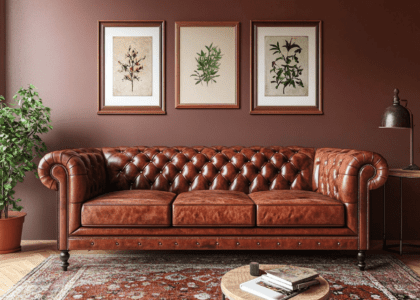 Elegant leather sofa in a cozy living room with intricate stitching, decorative buttons, rich brown walls, framed art pieces, vintage rug, warm lighting from table lamps, and a coffee table adorned with books and plants, embodying luxury home decor.