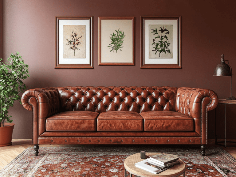 Elegant leather sofa in a cozy living room with intricate stitching, decorative buttons, rich brown walls, framed art pieces, vintage rug, warm lighting from table lamps, and a coffee table adorned with books and plants, embodying luxury home decor.