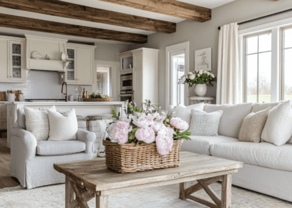 Farmhouse living room featuring light gray walls, white cabinets, dark wood ceiling beams, oak coffee table with pastel pink flowers, beige rustic wooden bench, and a basket of fresh peonies, illuminated by natural light from large windows for a cozy atmosphere.