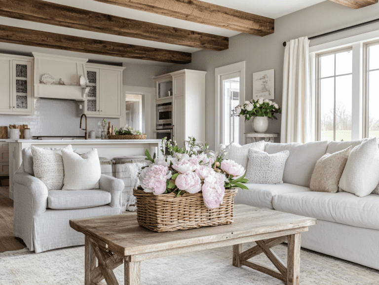 Farmhouse living room featuring light gray walls, white cabinets, dark wood ceiling beams, oak coffee table with pastel pink flowers, beige rustic wooden bench, and a basket of fresh peonies, illuminated by natural light from large windows for a cozy atmosphere.