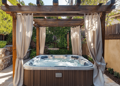 "Cozy outdoor hot tub with curtains and wooden beams, surrounded by a small wood arbor, offering a private and elegant relaxation area on a patio."