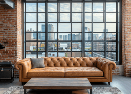 Industrial-style living room featuring large windows, brick walls, and leather sofas, with a light brown leather sofa in front of a window, dark wood coffee table, and soft lighting for a cozy atmosphere.