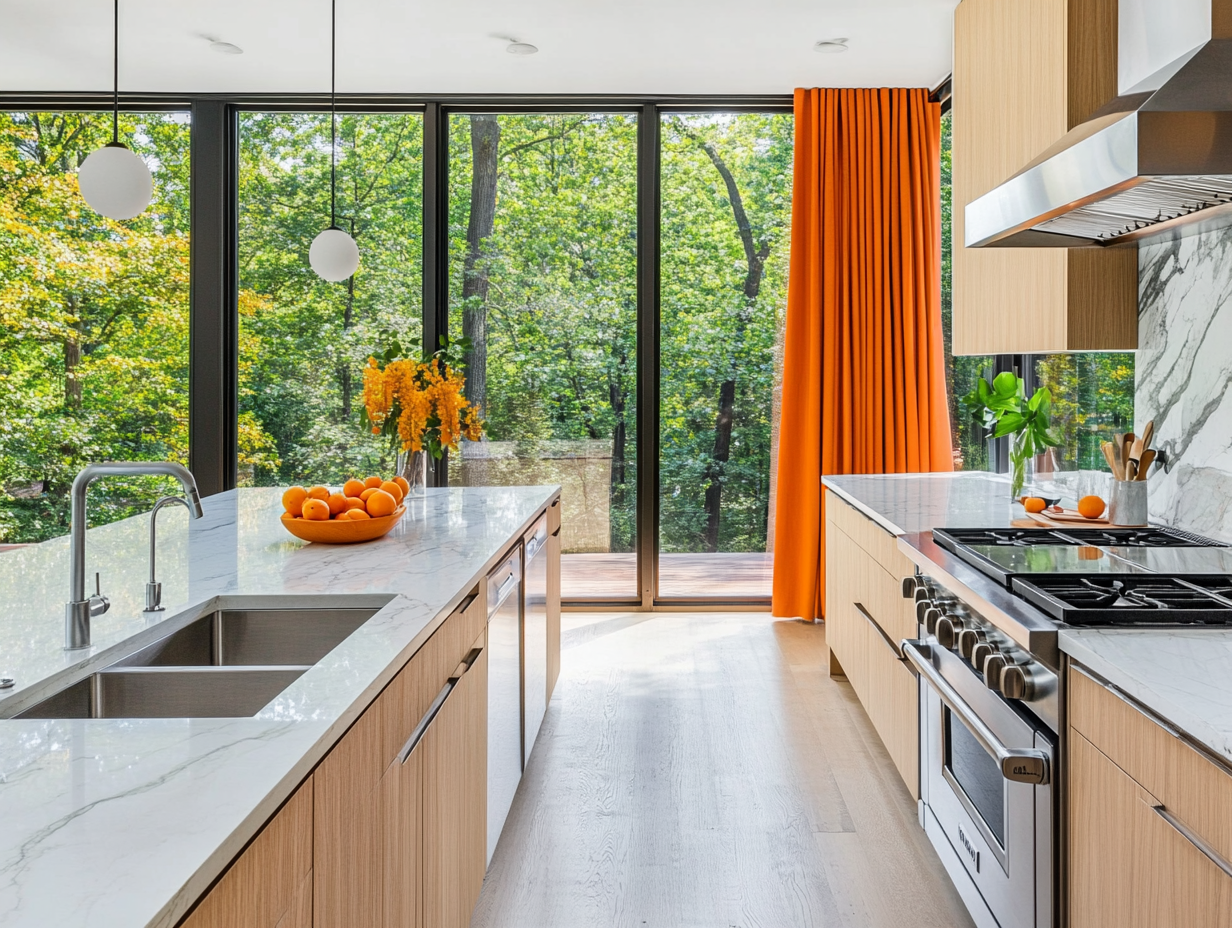 Modern kitchen with orange curtains, large windows overlooking a forest, stainless steel appliances, white marble countertop, mid-century design, and warm lighting; features wood cabinets and oranges in a sink for added color.