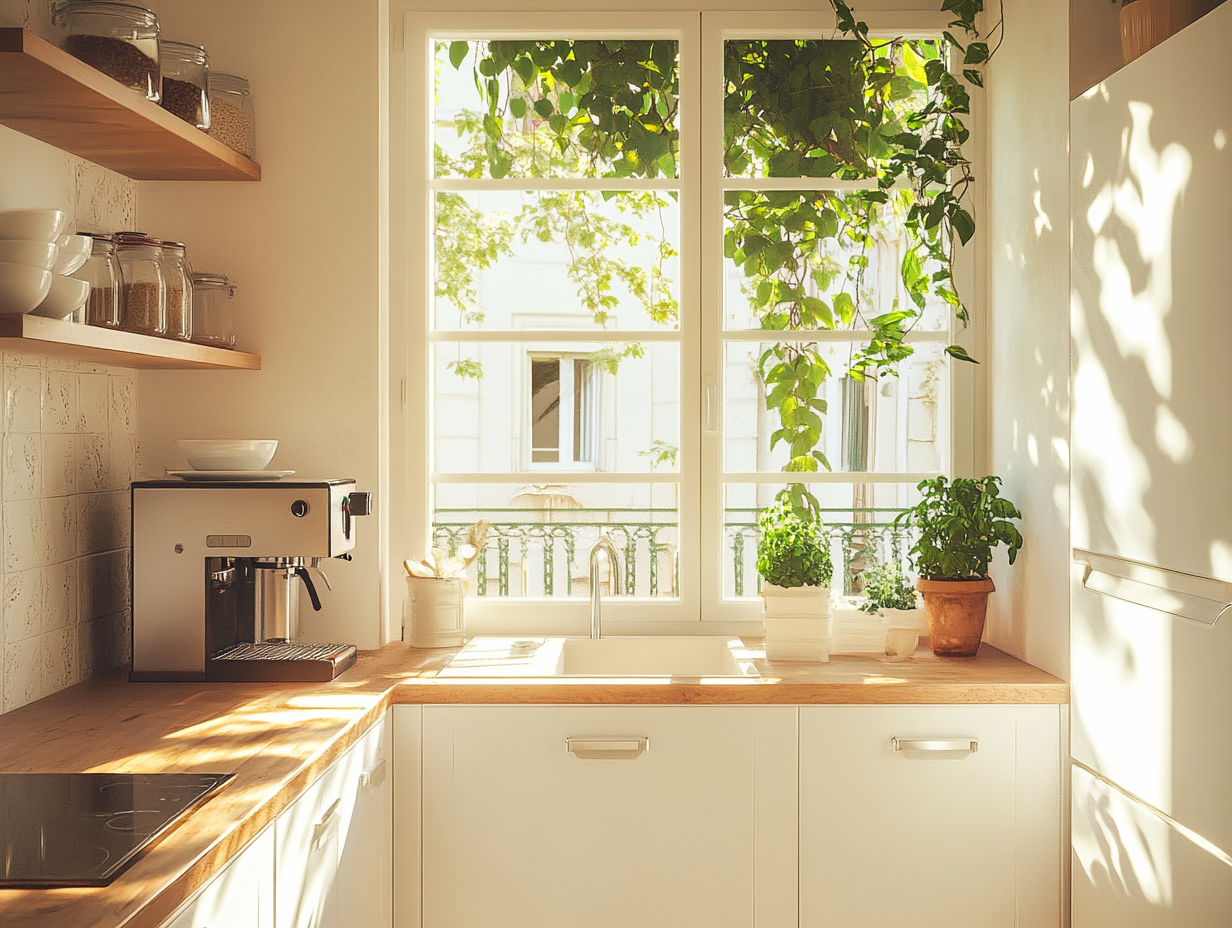 Bright kitchen with white cabinets and wooden countertop, sunlight streaming through an open balcony door, highlighting indoor greenery and a coffee machine beside the sink, creating a warm and inviting atmosphere.