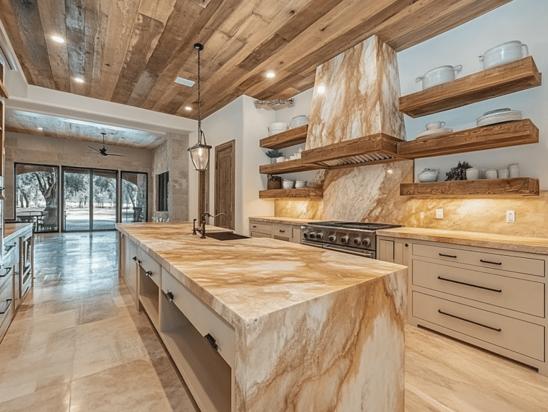 Rustic kitchen with wood and marble accents, featuring floating shelves, an island countertop, white oak ceiling, natural stone backsplash, and earth tone colors inspired by nature.