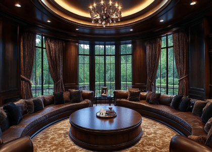 Elegant living room featuring a large circular coffee table, dark wood paneling, plush leather sofas, and drapes, with large windows showcasing a nature view, warm chandelier lighting, and a carpeted floor.