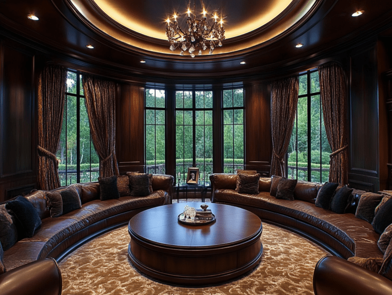 Elegant living room featuring a large circular coffee table, dark wood paneling, plush leather sofas, and drapes, with large windows showcasing a nature view, warm chandelier lighting, and a carpeted floor.