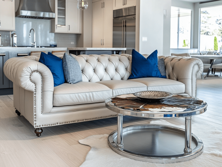 Light gray leather Chesterfield sofa with blue pillows in an open-concept living room featuring white oak flooring, a cowhide coffee table with silver legs, and a small round metal table with chrome accessories, set against a backdrop of a modern kitchen with stainless steel appliances.