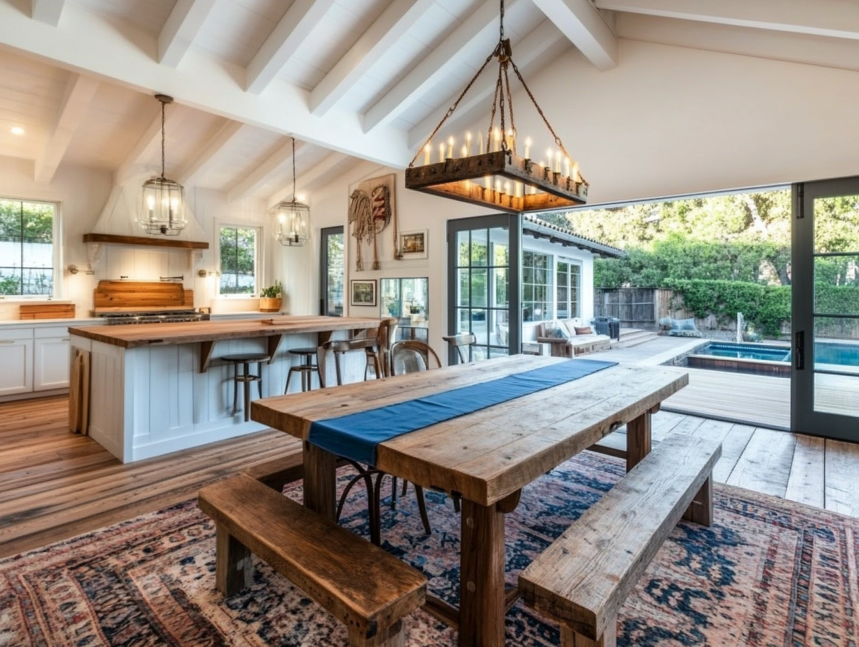 A large wooden dining table with a bench, surrounded by rustic farmhouse decor in an open-concept kitchen and living room, featuring a blue vintage runner on an area rug, a hanging pendant light above a wood island, white cabinets, natural lighting from windows, and a glass door leading to the garden.