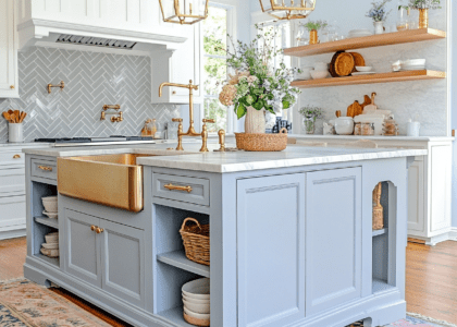 Light blue and white cottagecore kitchen featuring a vintage island with golden rounded armrests, a farmhouse sink, herringbone grey backsplash, marble countertops, and wooden shelves adorned with vases and candles, complemented by a colorful runner on soft wood flooring and warm ambient lighting.