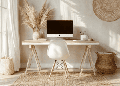 A stylish boho home office featuring a light wooden desk with a white computer, a white Eames chair, and decorative pampas grass, complemented by a light brown jute rug.