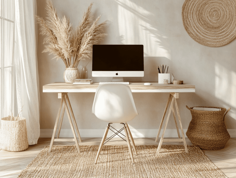 A stylish boho home office featuring a light wooden desk with a white computer, a white Eames chair, and decorative pampas grass, complemented by a light brown jute rug.