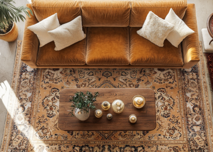 Cozy living room with oversized camel brown velvet sofa with gold legs, plush pillows, large area rug in earthy tones, wooden coffee table with candles and greenery, and natural light streaming through windows creating a warm atmosphere.