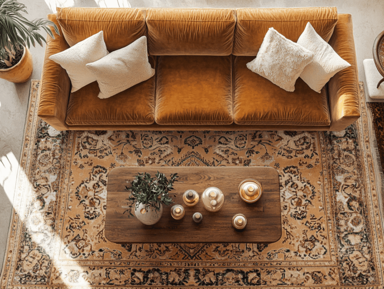 Cozy living room with oversized camel brown velvet sofa with gold legs, plush pillows, large area rug in earthy tones, wooden coffee table with candles and greenery, and natural light streaming through windows creating a warm atmosphere.