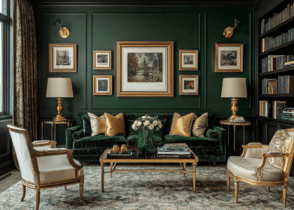 Luxurious dark green wall with gold picture frames and vintage art in an opulent living room, featuring brass light fixtures and elegant furniture, illuminated by warm lighting for a sophisticated ambiance.