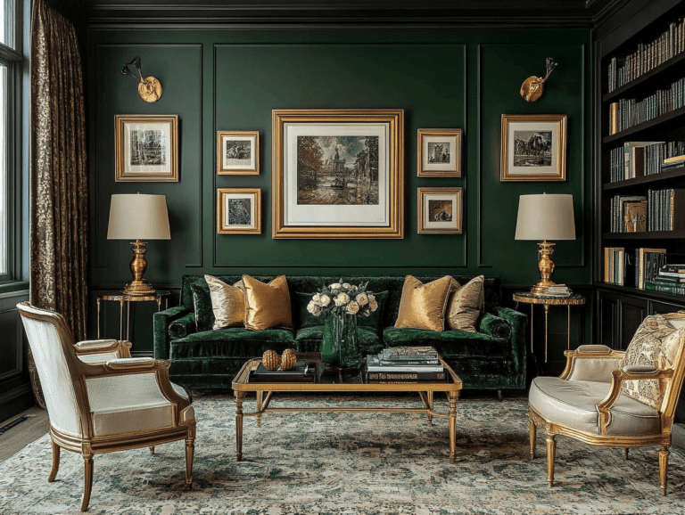 Luxurious dark green wall with gold picture frames and vintage art in an opulent living room, featuring brass light fixtures and elegant furniture, illuminated by warm lighting for a sophisticated ambiance.