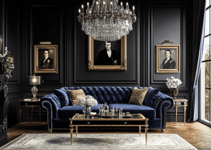 Luxurious living room featuring a deep blue velvet sofa, black and gold wall paneling, a crystal chandelier above an elegant coffee table, framed portraits on the walls, a wooden parquet floor, and soft lighting from large windows, showcasing rich textures and a sophisticated atmosphere.