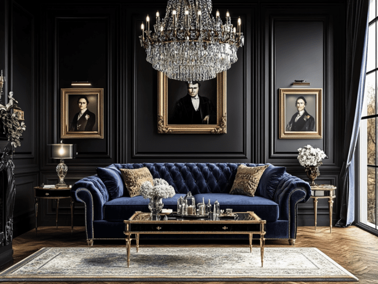 Luxurious living room featuring a deep blue velvet sofa, black and gold wall paneling, a crystal chandelier above an elegant coffee table, framed portraits on the walls, a wooden parquet floor, and soft lighting from large windows, showcasing rich textures and a sophisticated atmosphere.