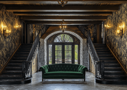 Luxurious mansion entryway featuring a dark green velvet sofa, double staircase, vintage moody lighting, high ceilings with dark wood beams, dark stone walls, mocha-colored wallpaper, and vintage sconces, with an open door leading to an outside terrace.