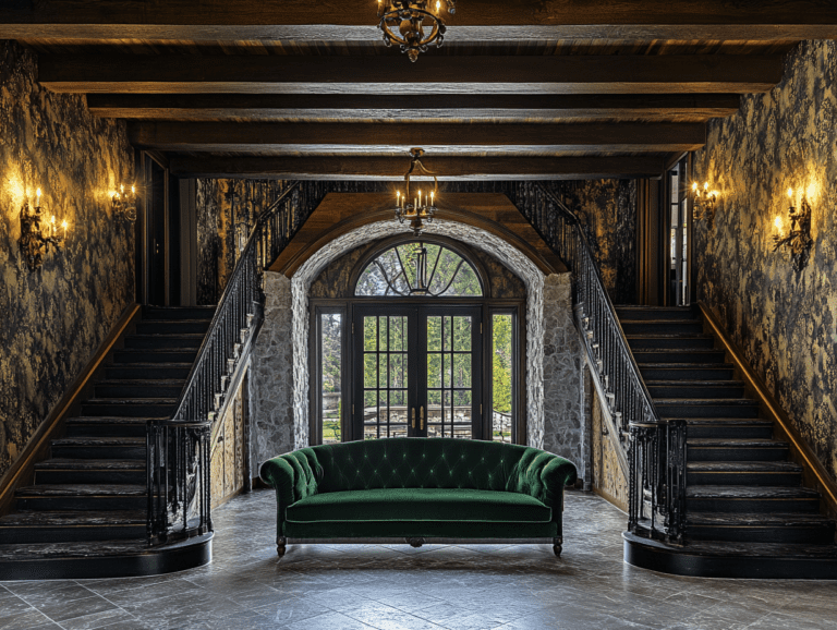 Luxurious mansion entryway featuring a dark green velvet sofa, double staircase, vintage moody lighting, high ceilings with dark wood beams, dark stone walls, mocha-colored wallpaper, and vintage sconces, with an open door leading to an outside terrace.