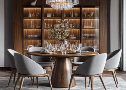 Mid-century modern dining table with walnut wood grain, surrounded by gray fabric chairs in a well-lit room featuring an open shelving cabinet displaying glassware and vases, and a large chandelier providing soft lighting.