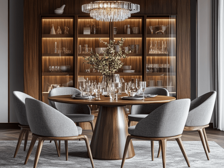 Mid-century modern dining table with walnut wood grain, surrounded by gray fabric chairs in a well-lit room featuring an open shelving cabinet displaying glassware and vases, and a large chandelier providing soft lighting.