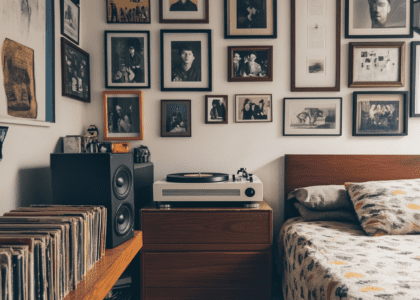 Mid-century modern interior featuring a vintage record player on a desk with vinyl records, framed black-and-white photographs inspired by Henri Matisse, warm color palette, a wall adorned with picture frames, muted neutral walls, and a vintage bed, creating a cozy artistic atmosphere.