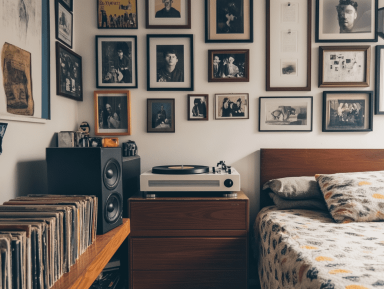 Mid-century modern interior featuring a vintage record player on a desk with vinyl records, framed black-and-white photographs inspired by Henri Matisse, warm color palette, a wall adorned with picture frames, muted neutral walls, and a vintage bed, creating a cozy artistic atmosphere.