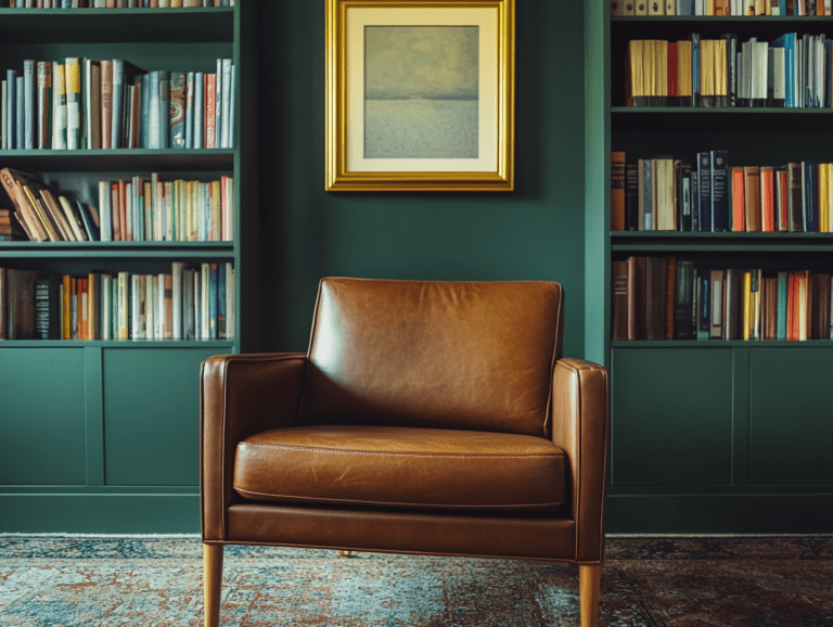 Midcentury modern leather armchair in a stylish American living room, featuring built-in shelves and bookshelves, with brown leather upholstery, wooden legs, and a gold-framed artwork above; carpeted flooring enhances the cozy ambiance, illuminated by soft natural light.