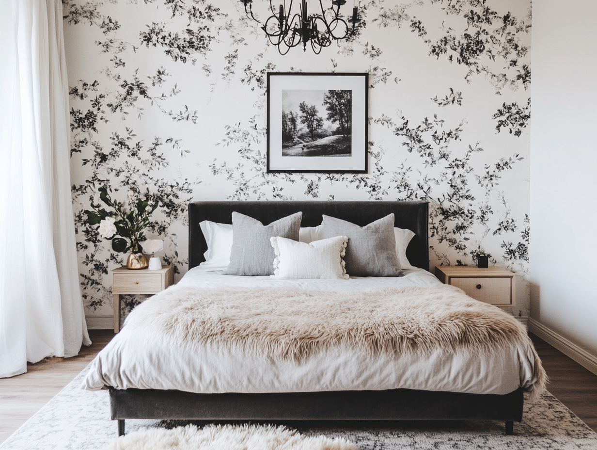 Minimal modern bedroom featuring black and white toile wallpaper accent wall, gray velvet bed frame with soft grey pillows, fluffy beige rug, vintage chandelier, and dark wooden furniture, creating a cozy atmosphere for restful sleep.