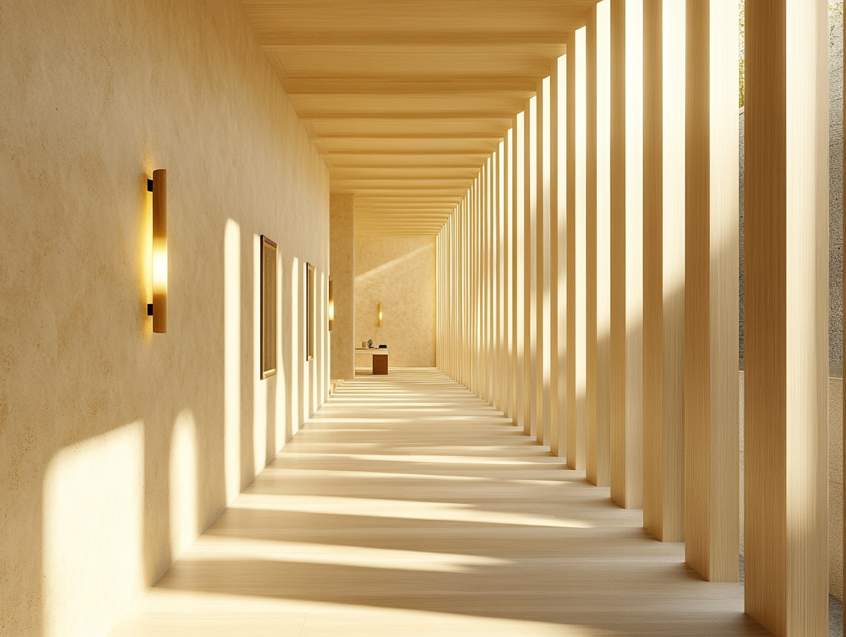 Minimalist hallway with light wood floors and walls, featuring an elongated window for natural light, lined with wooden columns creating geometric shadow patterns, and a wall sconce providing soft illumination, showcasing modern architectural simplicity and nature-inspired textures.