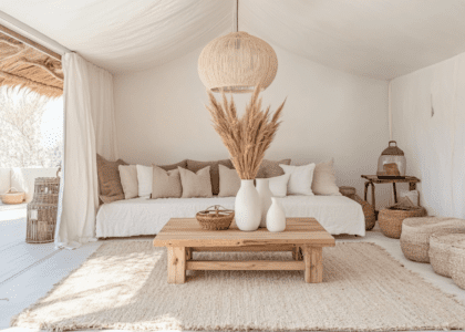 Minimalist modern living room with neutral tones, large light-colored rug, wooden coffee table adorned with white vases and pampas grass, round beige hanging lamp above the sofa, white walls, and minimalist decor.