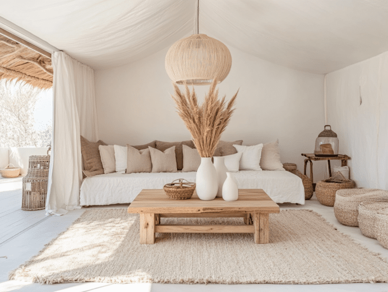 Minimalist modern living room with neutral tones, large light-colored rug, wooden coffee table adorned with white vases and pampas grass, round beige hanging lamp above the sofa, white walls, and minimalist decor.