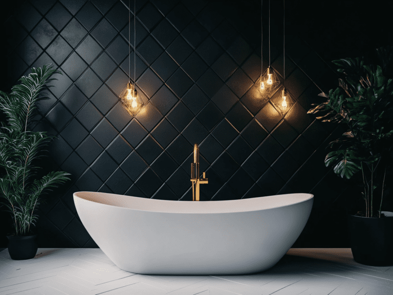 "Modern bathroom featuring black wall tiles, white floor tiles, a centrally placed bathtub, geometric patterned walls, dark gold light fixtures, and decorative plants for a minimalistic design."