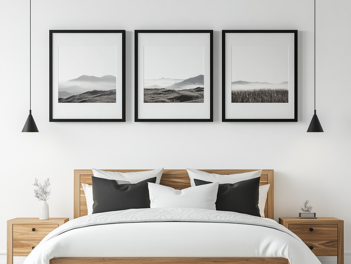 Modern bedroom featuring six symmetrical black and white picture frames displaying natural landscapes, arranged above an elegant wooden bed against a clean white background, with soft, even lighting enhancing the minimalist design.