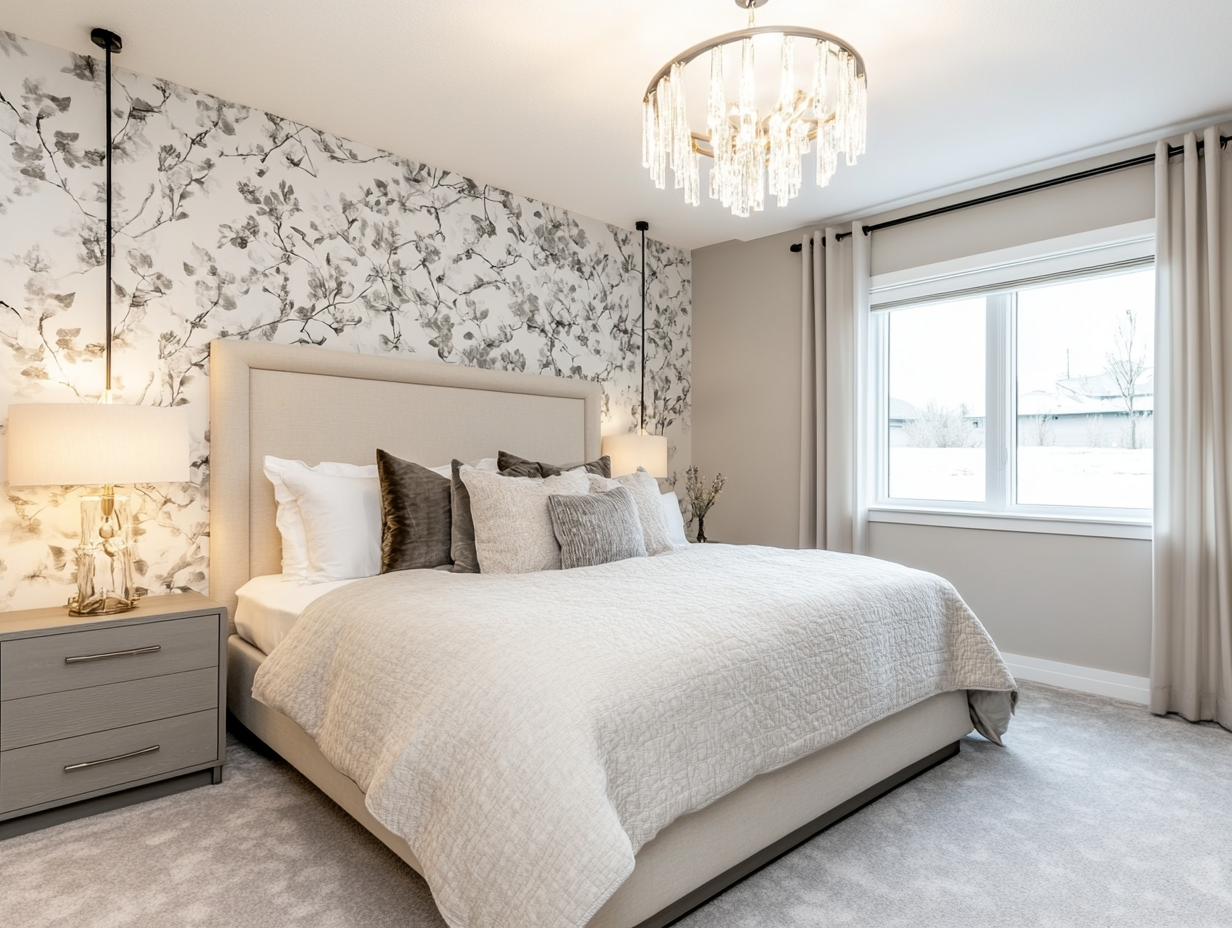 Modern bedroom with a large bed featuring beige linen bedding, white and gray floral wallpaper above the headboard, light gray carpet, a chandelier hanging from the ceiling, and a window on the right side.