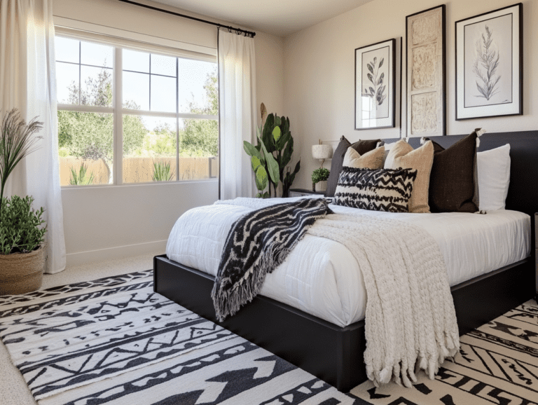 Modern farmhouse-inspired bedroom featuring black and white accents, a neutral color palette, cozy textures, plush pillows, and a blanket on a large bed positioned in front of a window, complemented by wall art, planters, geometric patterns on the rug, and warm natural light creating an inviting atmosphere.