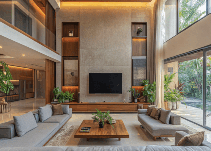 Modern Indian-style living room in an urban villa featuring a double-height ceiling, large grey sofa, wooden coffee table, TV unit, natural lighting, and plants, with elegant glass walls opening to the outdoor area, showcasing high-end interior design.