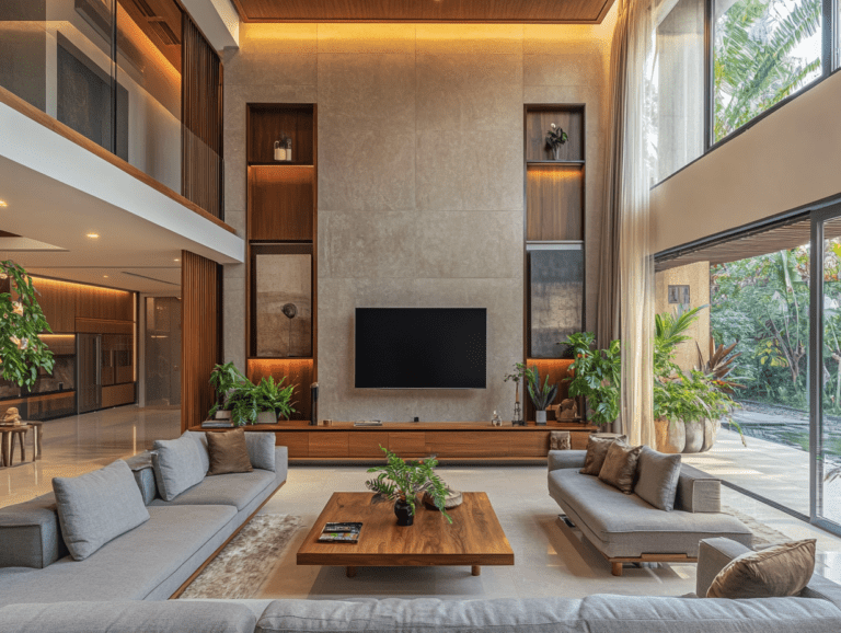 Modern Indian-style living room in an urban villa featuring a double-height ceiling, large grey sofa, wooden coffee table, TV unit, natural lighting, and plants, with elegant glass walls opening to the outdoor area, showcasing high-end interior design.