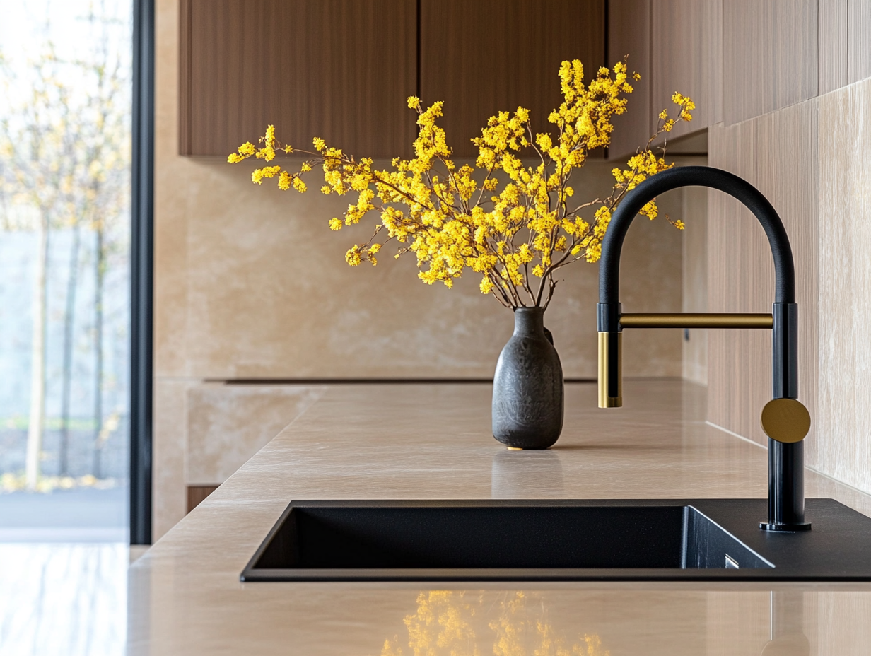 Modern kitchen featuring a black sink and faucet with golden details, beige marble countertop, and wooden cabinets. A vase of yellow flowers adds a pop of color, while natural light enhances the bright and airy interior design.