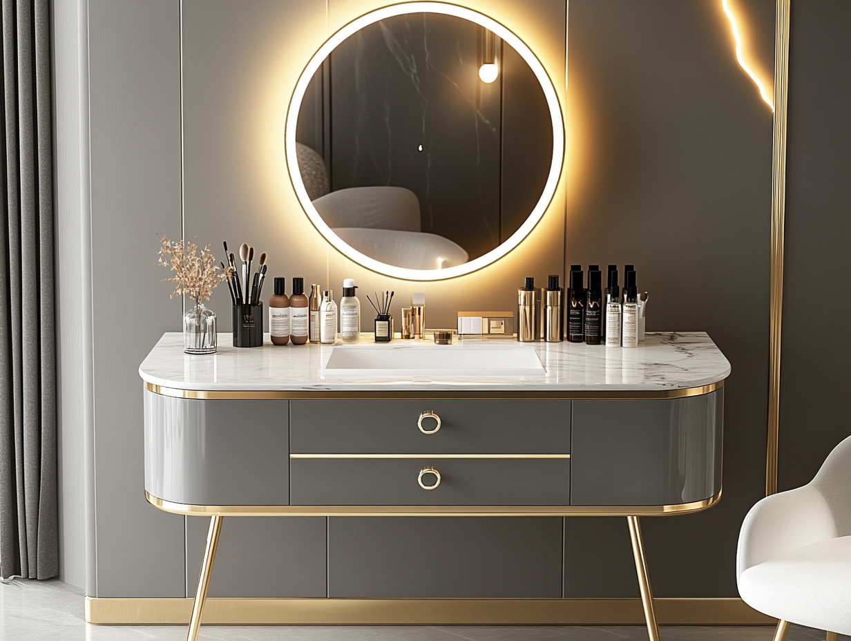 "Modern light luxury dressing table with high-end LED makeup mirror and golden metal accents, featuring a marble countertop adorned with skin care products, set against gray furniture with gold trim, exuding a luxurious atmosphere with warm colors and soft lighting in an elegant interior design."