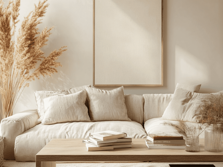 Modern living room featuring a light brown wooden coffee table, a cozy beige sofa, and wall art, decorated with pampas grass for warmth, a stack of books on the coffee table, and soft lighting creating a bright and airy atmosphere.