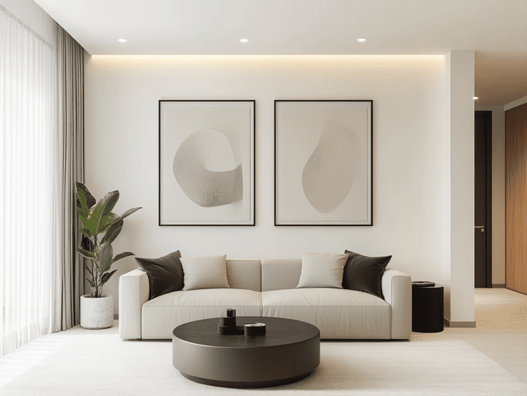 Modern living room with sleek furniture and minimalist decor featuring two abstract art prints in neutral tones, a round coffee table, and a potted plant, creating a cozy ambiance with soft lighting.