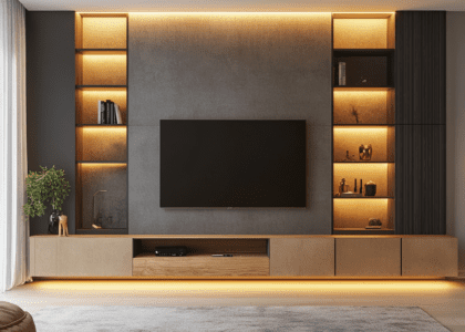 Modern living room wall unit with built-in TV shelf in neutral tones, featuring light wood and black steel frame, grey concrete panels, greenery accents, LED strip lighting for ambient illumination, minimalist furniture and decor, complemented by a large warm rug.