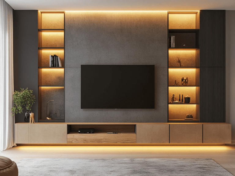 Modern living room wall unit with built-in TV shelf in neutral tones, featuring light wood and black steel frame, grey concrete panels, greenery accents, LED strip lighting for ambient illumination, minimalist furniture and decor, complemented by a large warm rug.