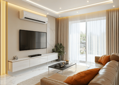 Modern minimalist living room featuring a white cabinet with air conditioner, leather sofa with orange cushions, large floor-to-ceiling windows, light-colored walls, white marble flooring with beige border, soft lighting, and white curtains, creating a warm atmosphere filled with natural sunlight.