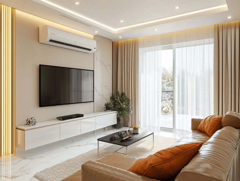 Modern minimalist living room featuring a white cabinet with air conditioner, leather sofa with orange cushions, large floor-to-ceiling windows, light-colored walls, white marble flooring with beige border, soft lighting, and white curtains, creating a warm atmosphere filled with natural sunlight.