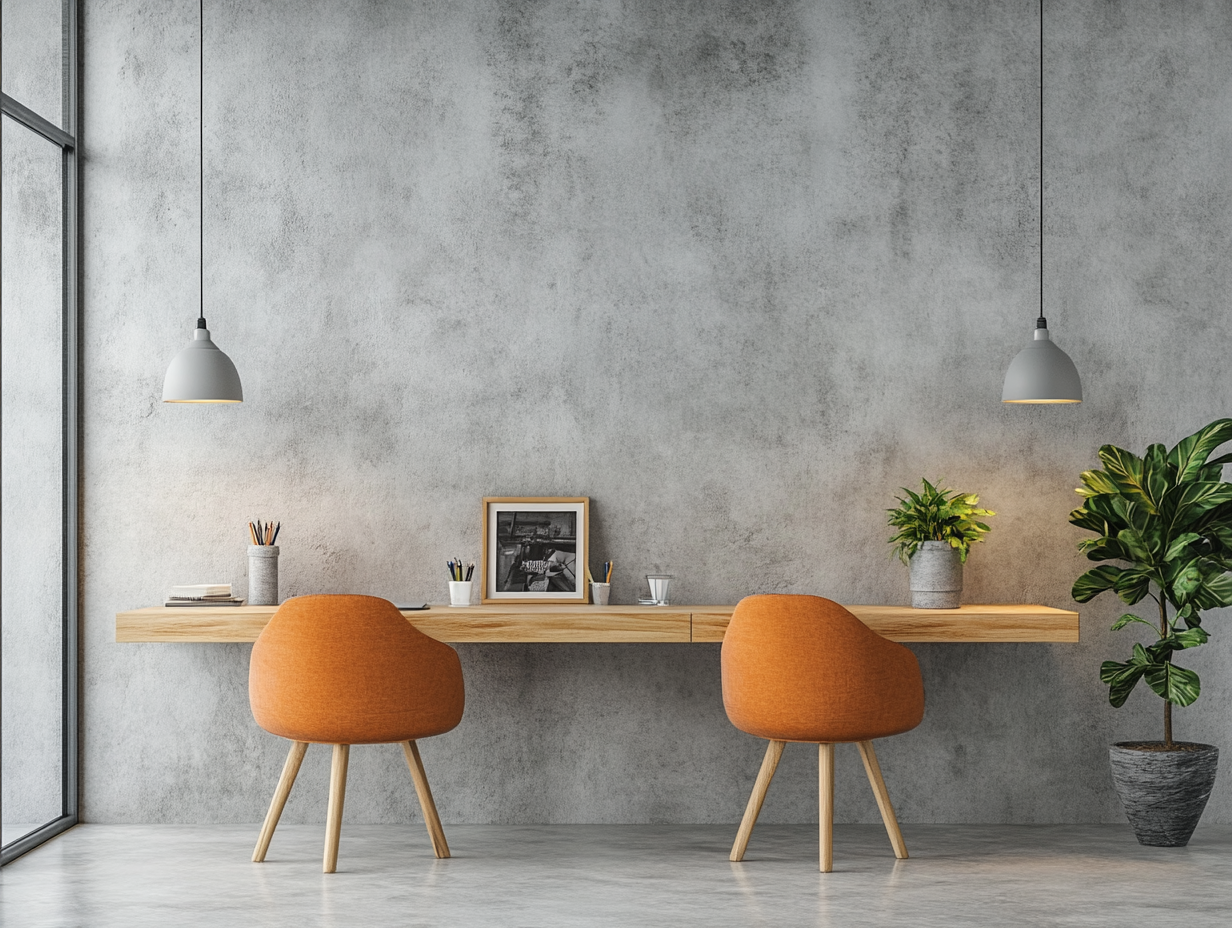 Minimalist office desk design featuring light wood with natural solid oak surface, set against a concrete wall background, complemented by orange and gray chairs, pendant lights, and wooden window frames; includes potted plants for a touch of greenery, two water cups for coffee breaks, and a small photo frame for a cozy decorative element.